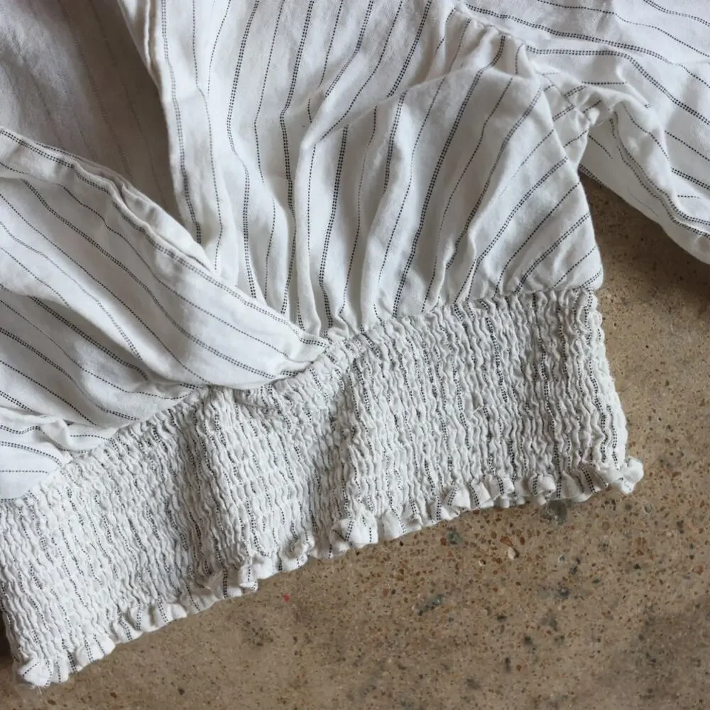 Zara White Pinstripe Smocked Crop Top XS Cottagecore Peasant Sleeve Blouse